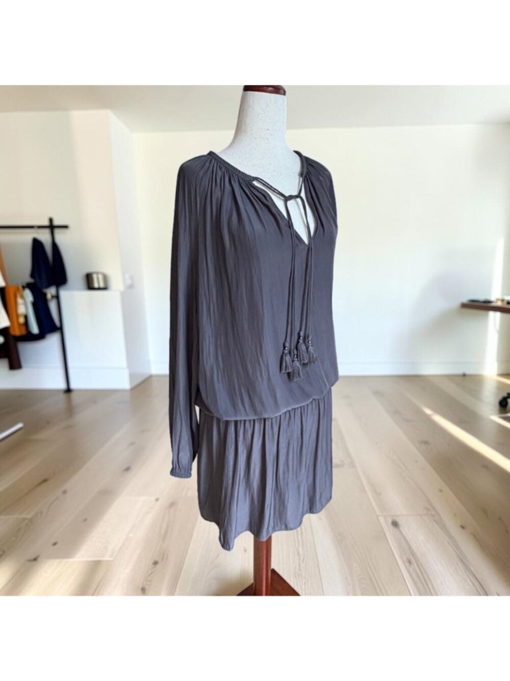 Ramy Brook Paris Dress Small Gray Long Sleeve Tassel Tie Drop Waist Mini - Picture 3 of 7